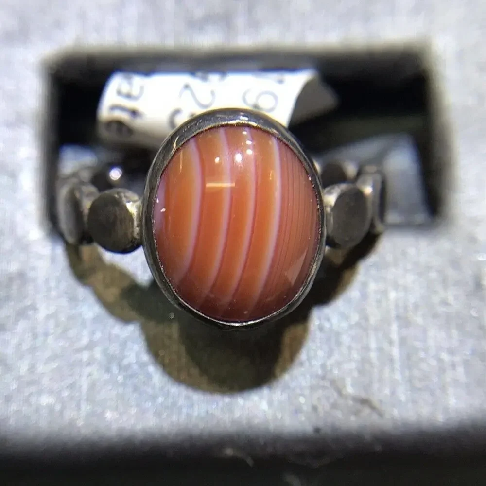 Orange Stripe Agate (Natural) Ring Round Sz7.25 Bezel Set Silver 925 Design Band